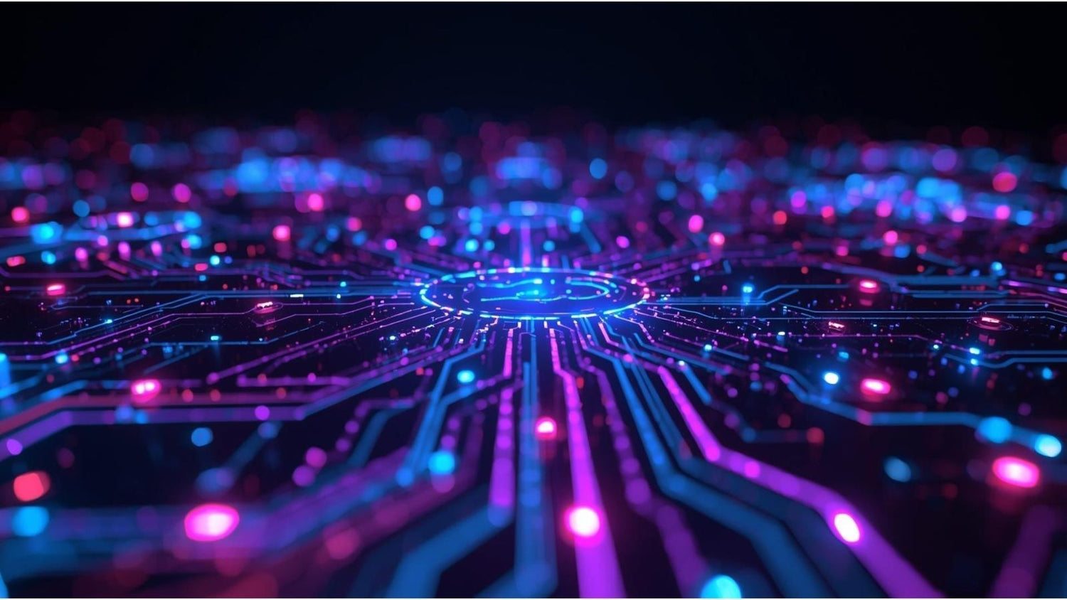 Abstract digital circuit board with glowing neon lights symbolizing AI data networks